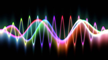 Ses dalgası çizgisi çok renkli müzik soyut arkaplan. Renkli grafik tasarımlı neon ışığı kıvrımlı.
