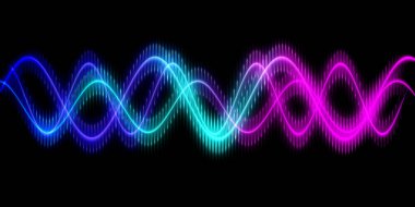 Ses dalgası çizgisi çok renkli müzik soyut arkaplan. Renkli grafik tasarımlı neon ışığı kıvrımlı.