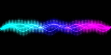 Ses dalgası çizgisi çok renkli müzik soyut arkaplan. Renkli grafik tasarımlı neon ışığı kıvrımlı.