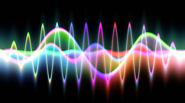 Ses dalgası çizgisi çok renkli müzik soyut arkaplan. Renkli grafik tasarımlı neon ışığı kıvrımlı.