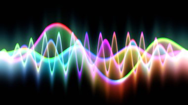 Ses dalgası çizgisi çok renkli müzik soyut arkaplan. Renkli grafik tasarımlı neon ışığı kıvrımlı.