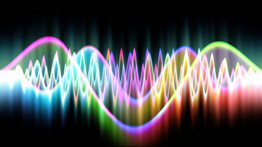 Ses dalgası çizgisi çok renkli müzik soyut arkaplan. Renkli grafik tasarımlı neon ışığı kıvrımlı.
