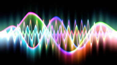 Ses dalgası çizgisi çok renkli müzik soyut arkaplan. Renkli grafik tasarımlı neon ışığı kıvrımlı.