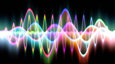 Ses dalgası çizgisi çok renkli müzik soyut arkaplan. Renkli grafik tasarımlı neon ışığı kıvrımlı.