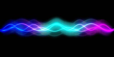 Ses dalgası çizgisi çok renkli müzik soyut arkaplan. Renkli grafik tasarımlı neon ışığı kıvrımlı.