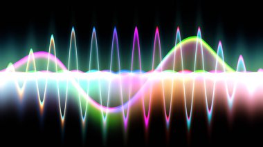 Ses dalgası çizgisi çok renkli müzik soyut arkaplan. Renkli grafik tasarımlı neon ışığı kıvrımlı.