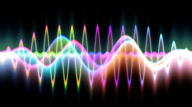 Ses dalgası çizgisi çok renkli müzik soyut arkaplan. Renkli grafik tasarımlı neon ışığı kıvrımlı.