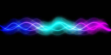 Ses dalgası çizgisi çok renkli müzik soyut arkaplan. Renkli grafik tasarımlı neon ışığı kıvrımlı.