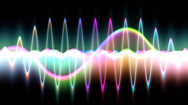 Ses dalgası çizgisi çok renkli müzik soyut arkaplan. Renkli grafik tasarımlı neon ışığı kıvrımlı.