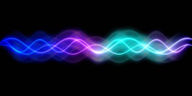 Ses dalgası çizgisi çok renkli müzik soyut arkaplan. Renkli grafik tasarımlı neon ışığı kıvrımlı.
