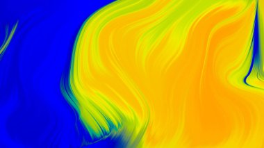 Soyut mavi sarı eğimli dalga arkaplanı. Neon ışığı eğimli çizgiler ve renkli grafik tasarımlı geometrik şekil.