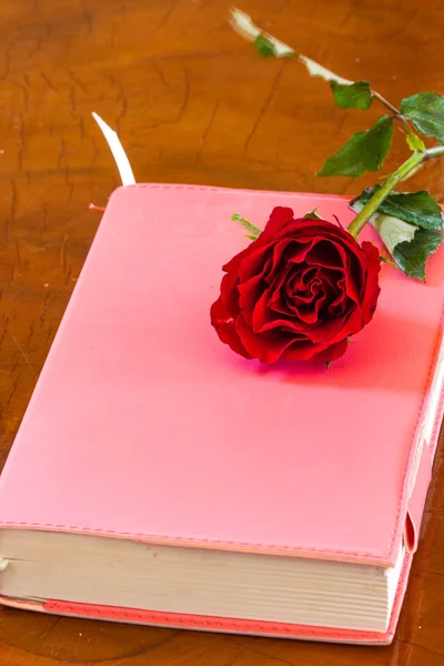 Роза на розовой дневниковой книге — стоковое фото
