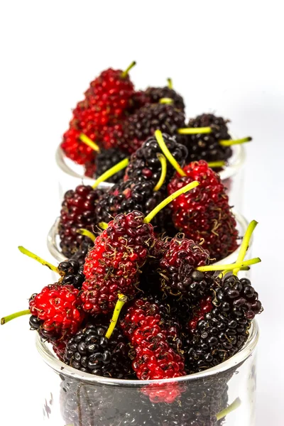 Fresh organic mulberry in glasses on white background. — Stock Photo, Image