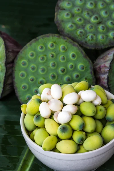 Lotus seed on banana leaf — Stock Photo, Image