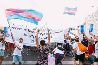 MADRID, SPAIN - Temmuz, 06, 2019: Madrid 2019 'da eşcinsel gururu dışavurumunun katılımcıları mavi, pembe ve beyaz bayrak taşıyan transseksüel peolpe