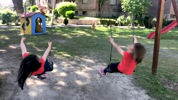 Bambine Che Giocano Nel Parco Giochi Oscillando Altalena Sulla Schiena — Video Stock