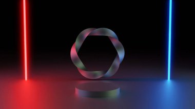 Ürün gösterimi için podyum ve neon ışıklı 3d görünüm minimal arkaplan, sahne.