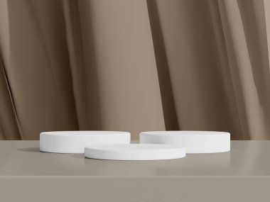 Three white podiums placed in a triangular arrangement on a neutral-colored table.
