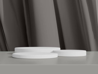 Four white podiums arranged symmetrically, with a soft beige background.