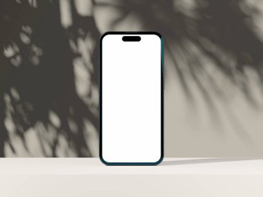 Açık ekran ve minimalist bir ayarda yumuşak gölgelerle telefon modeli.