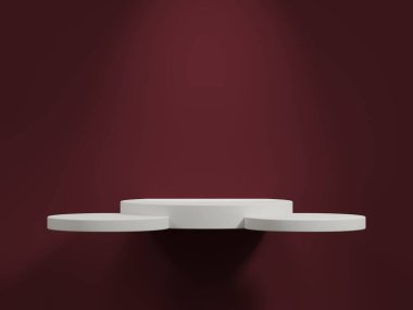 Dairesel uzantıları olan beyaz podyum, koyu bordo duvar, minimalist sahne.