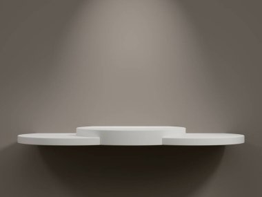 Dairesel uzantıları olan beyaz podyum, spot ışığı odaklı, minimalist stil.