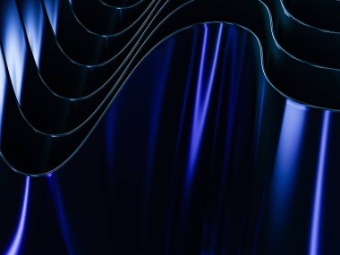 Yumuşak ışıklandırma efektleriyle mavi tonlarda soyut dalgalı metal desenler.