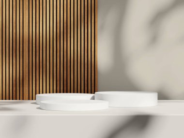 Three podiums aligned on a table with wooden slat background and soft shadows