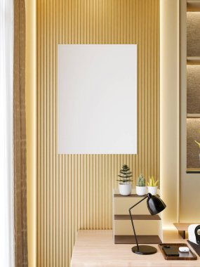 Blank frame hanging on a wooden panel with plants and a desk setup below.