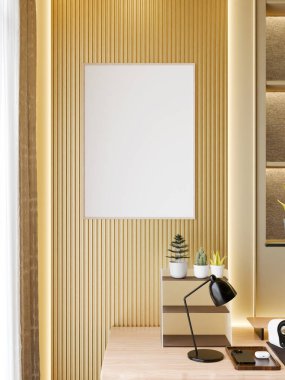 Simple frame mockup displayed on a warm wooden panel with a desk in the foreground.