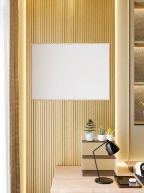 Minimalist beyaz çerçeve, içinde bitkiler ve masa alanı olan ahşap bir duvarın üzerinde..