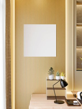 Ahşap duvar paneline boş bir çerçeve modeli, yanında da bir masa ve aletler..