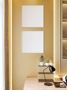 Simple frame hanging on a wooden wall panel with modern decor and a desk below.