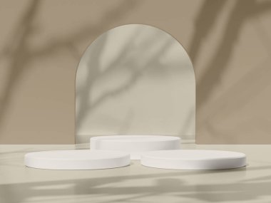 Beyaz podyum üçlüsü Bej kemer arkaplanında ağaç gölgesi