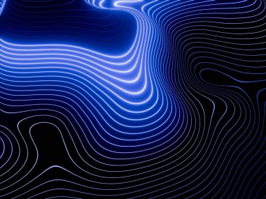 Pürüzsüz mavi neon çizgiler karanlık çevrede karmaşık desenler oluşturuyor..