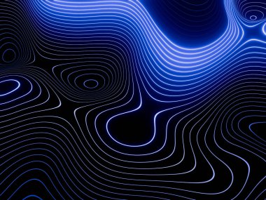 Zarif mavi neon çizgiler dalgalar halinde koyu bir arkaplan boyunca kıvrılıp akıyor.