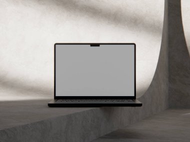 Minimalist tasarımı olan parlak dizüstü bilgisayar modeli, dijital içeriği göstermek için temiz bir tuval sunuyor.