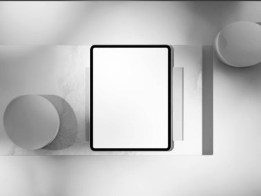 En üst görünüm tablet ekranı en küçük nesnelerle desenli yüzey üzerinde modelleme