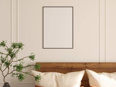 Tarafsız yatak odasının duvarında yeşil bitki ve yastıklı modern fotoğraf çerçevesi..