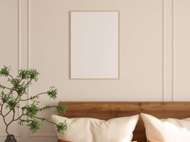Hafif yatak odasında zeytin ağacı ve yastıklarla minimalist fotoğraf çerçevesi modeli..