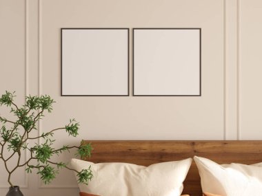 Hafif yatak odasının duvarında bitki ve sıcak yastıklarla yapılmış basit bir fotoğraf çerçevesi..