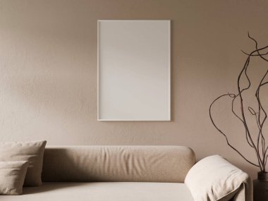 Beyaz dikey poster çerçeveli minimalist oturma odası