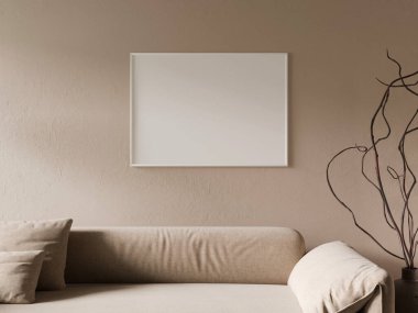 Yatay beyaz çerçeveli sıcak tonlu oturma odası