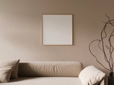 Minimum kare ahşap çerçeve sıcak oturma odası tasarımında