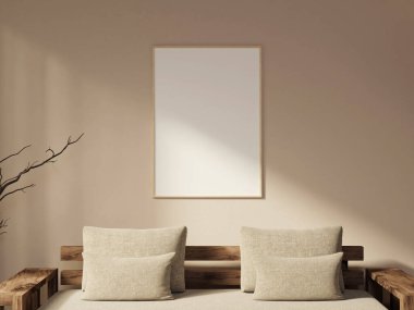 Tarafsız bir yatak odasının duvarında sabah ışığıyla asılı açık ahşap çerçeve modeli.