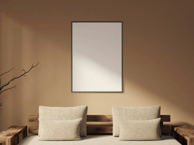 Sıcak bir bej yatak odası duvarında siyah kenarlı poster modeli.