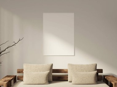Tahta bir yatak başlığının üstündeki açık krem duvarda dikey beyaz çerçeve modeli.