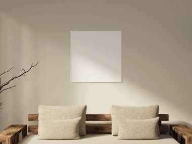 Modern kare beyaz çerçeve, açık gri bir yatak odası duvarında.