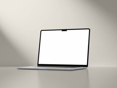 Gri ekranlı ince gümüş dizüstü bilgisayarın yan perspektifi