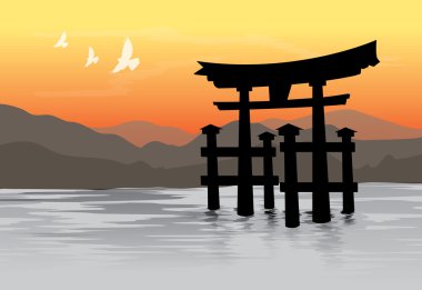 Miyajima, ünlü yüzen yakın kapı, Japonya. Vektör